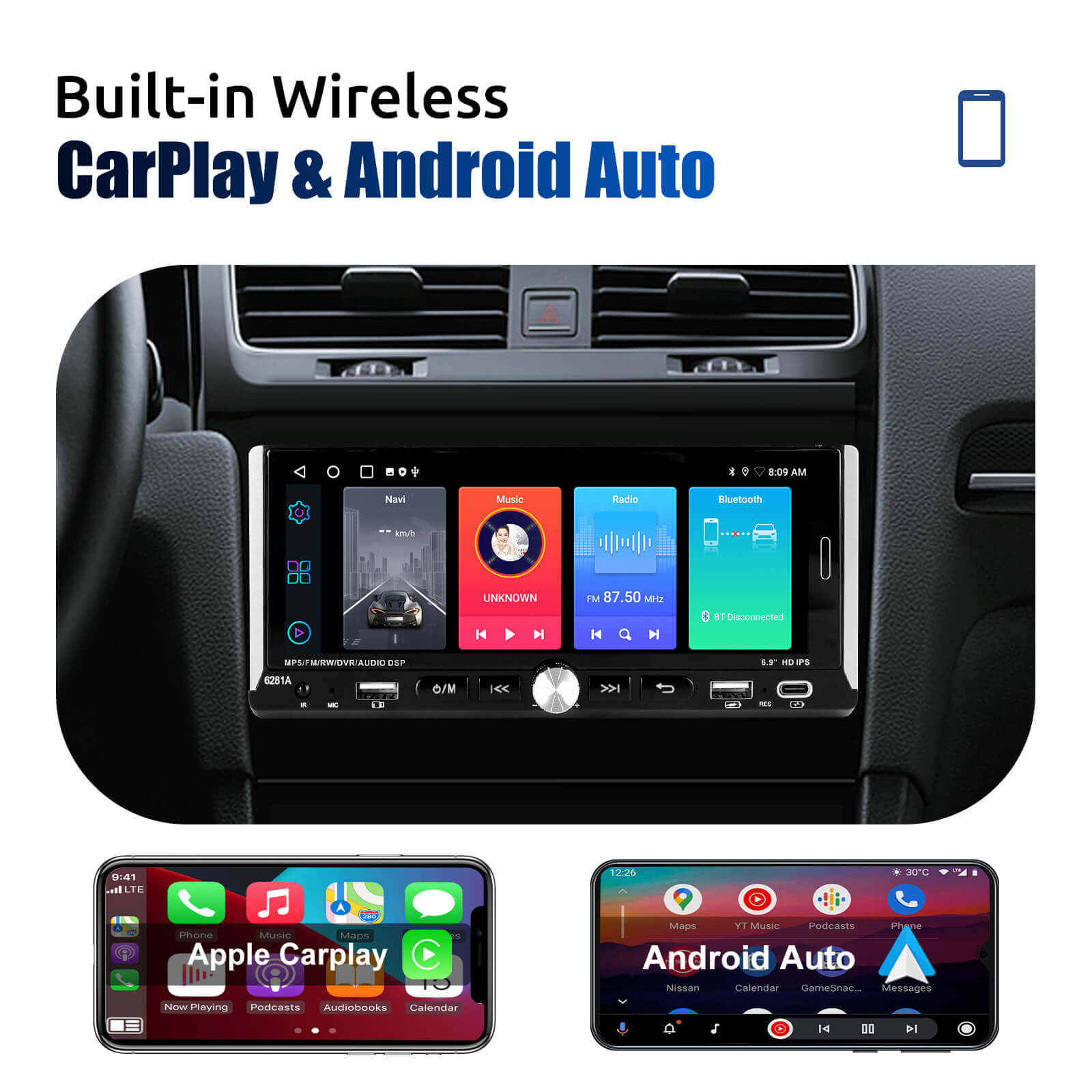 ESSGOO Car Stereo 6281A Autoradio 6,9 Zoll Single-DIN MP5