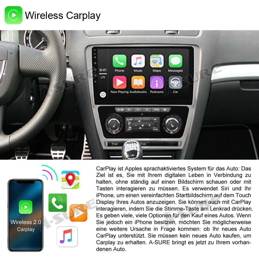 A-Sure GPS Autoradio für Skoda Octavia II 10 Zoll 2+32GB