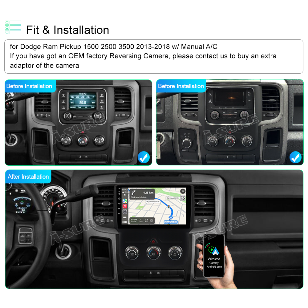 A-Sure Dodge Ram Autoradio Android 11 2+32GB Manuelle Klima CarPlay