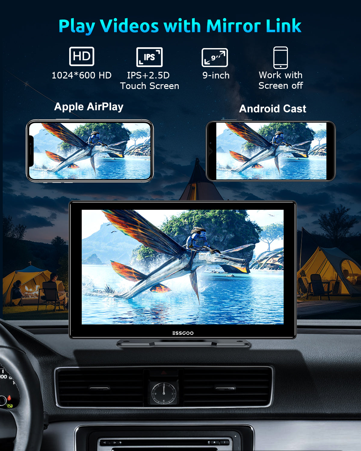 ESSGOO Portable CarPlay 991CP CarPlay-Display 9 Zoll HD Touch