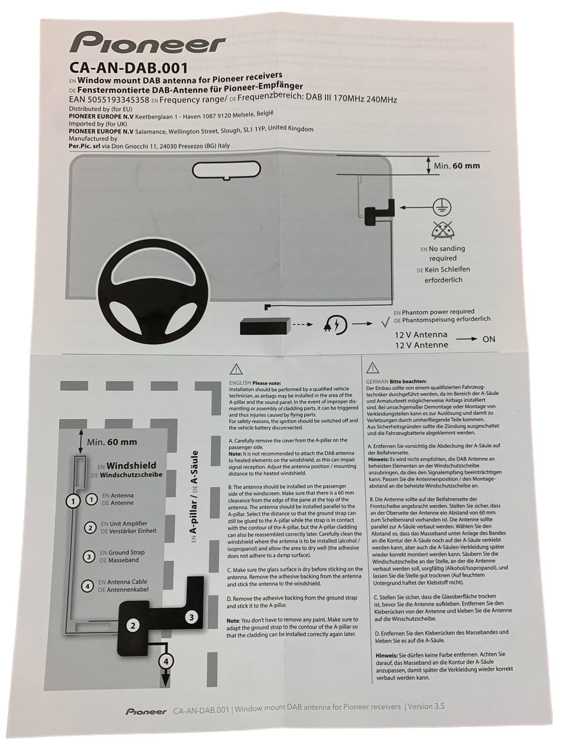 Pioneer CA-AN-DAB.001 DEH DAB+ Auto-Antenne Kfz Scheibenantenne