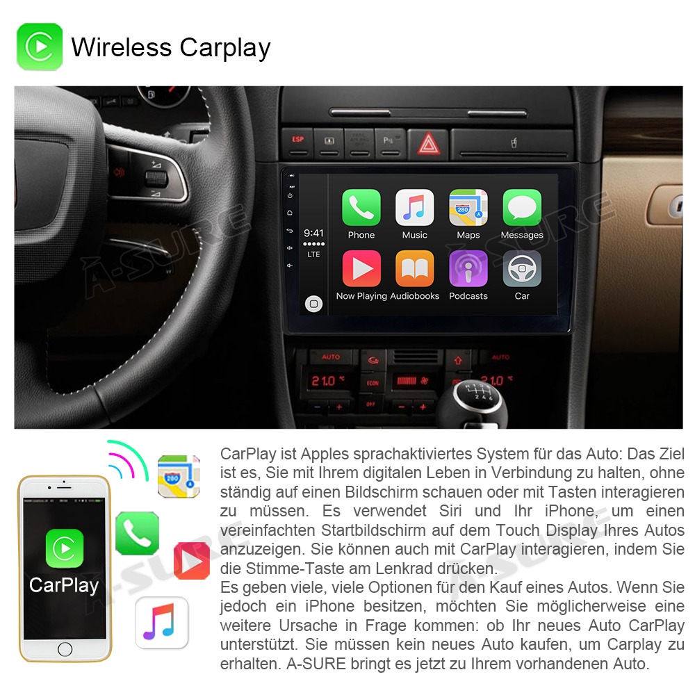 A-Sure GPS car radios 9 Zoll Autoradio Audi A4 32GB Android 12
