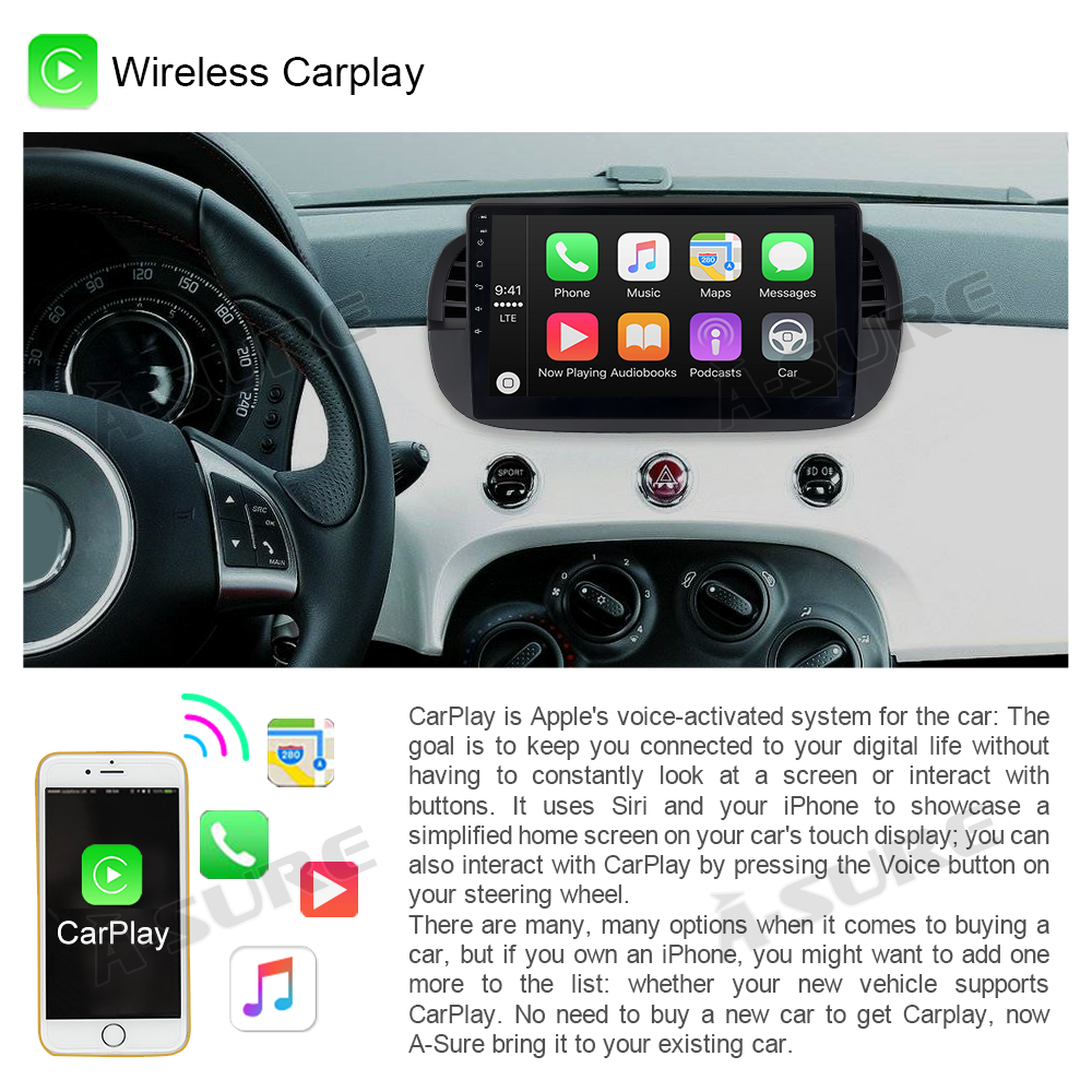 A-Sure GPS car radios Fiat 500 9 Zoll Autoradio 2+32GB Carplay