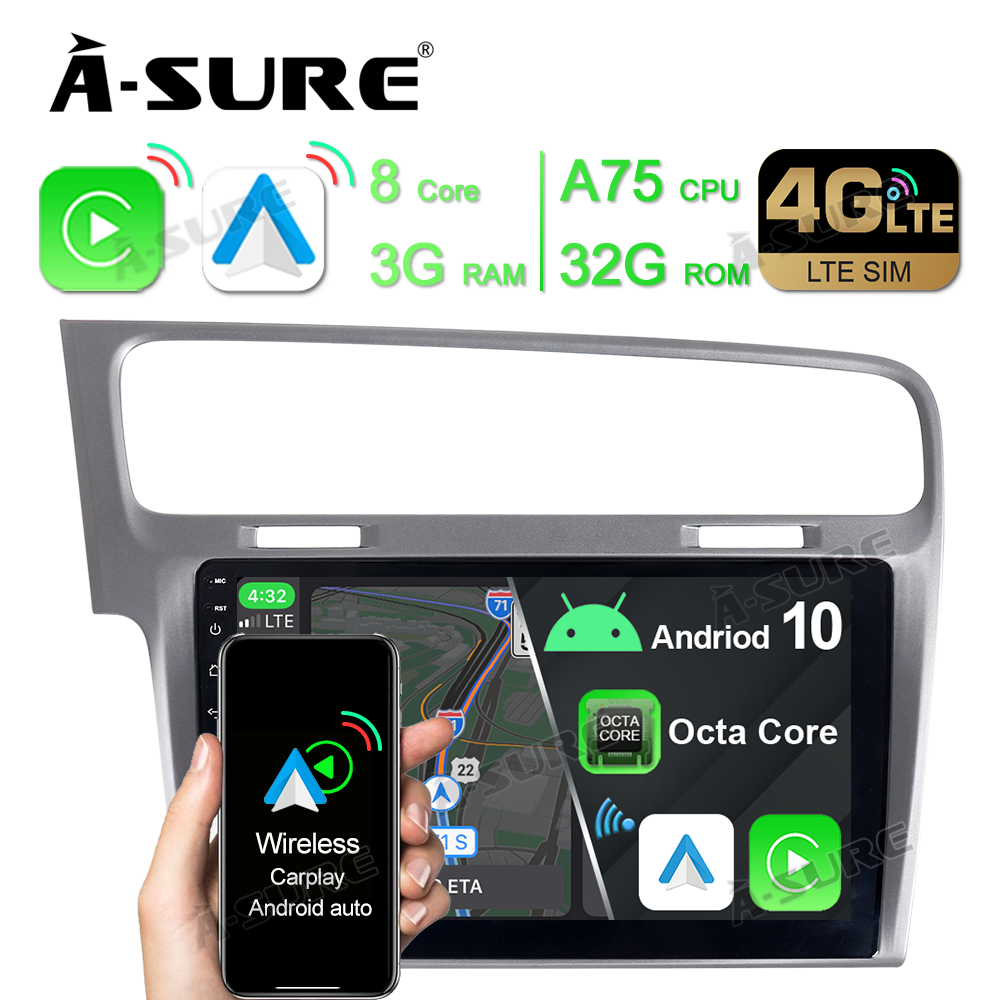 A-Sure GPS Autoradio VW Golf 7 10,1 Zoll 3+32GB Schwarz