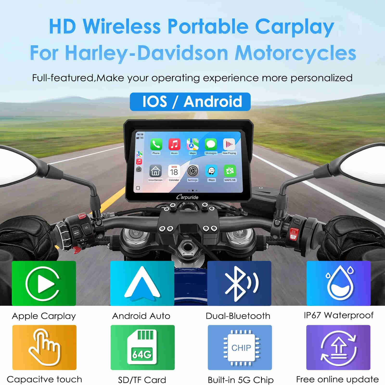 Carpuride W702H Harley CarPlay-Display 7 Zoll + Halterung
