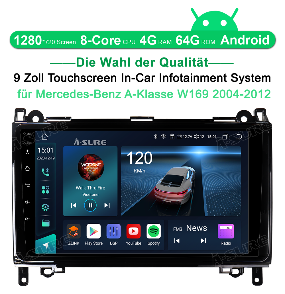 A-Sure GPS Autoradio Mercedes W169 W245 9 Zoll 4+64GB