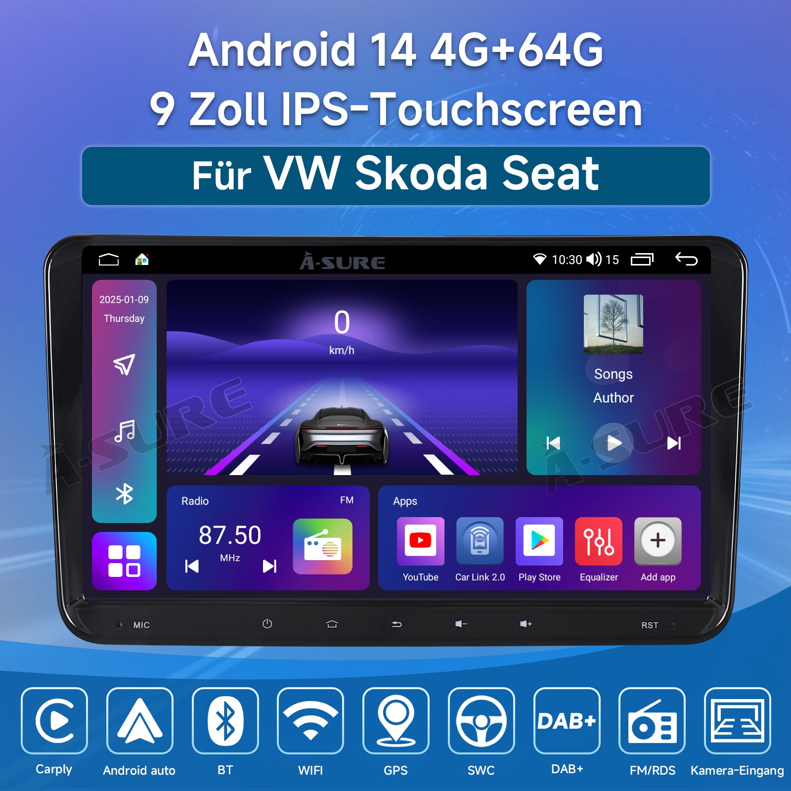 A-Sure GPS Autoradio VW 9 Zoll 4+64GB CarPlay
