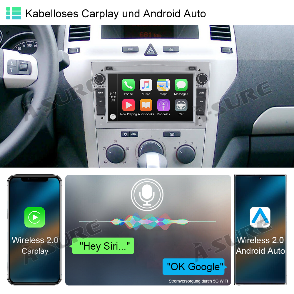 A-Sure GPS Autoradio 9 Zoll Opel 4+64GB Android 13 CarPlay