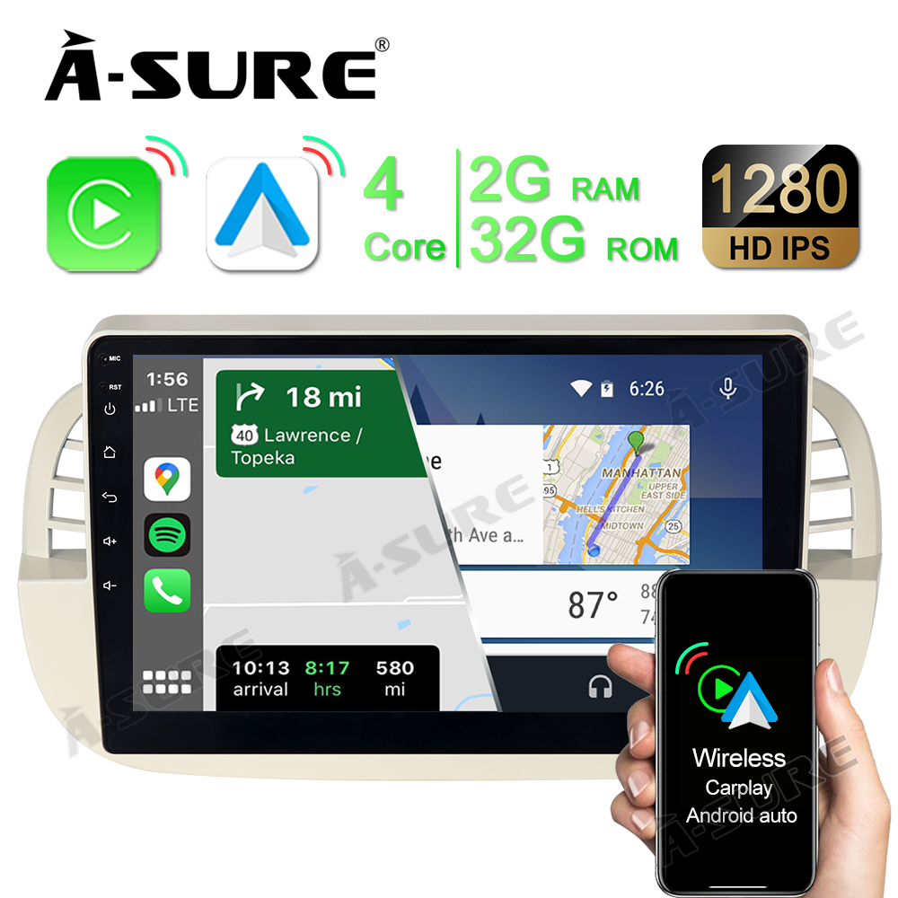 A-Sure GPS 9 Zoll Android Autoradio Fiat 500 500C Weiß 2+32GB