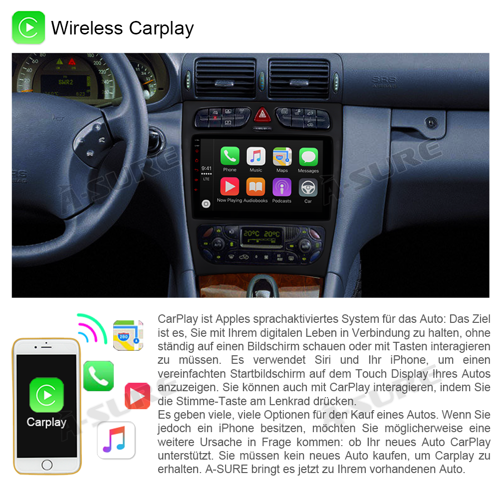A-Sure GPS Autoradio Mercedes W203 9 Zoll 64GB CarPlay