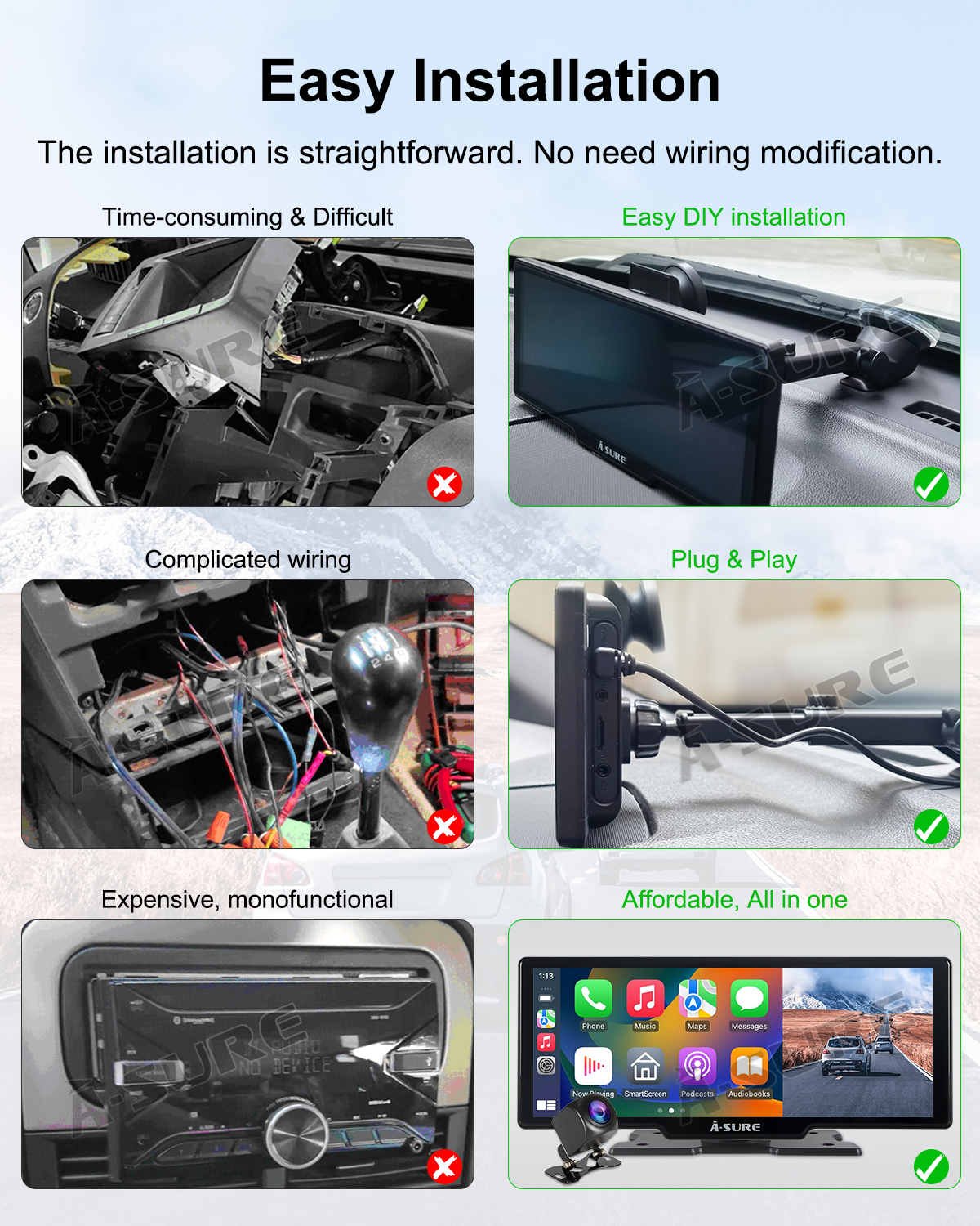 A-Sure Radio accessories 10,26 Zoll CarPlay-Display 4K Dashcam