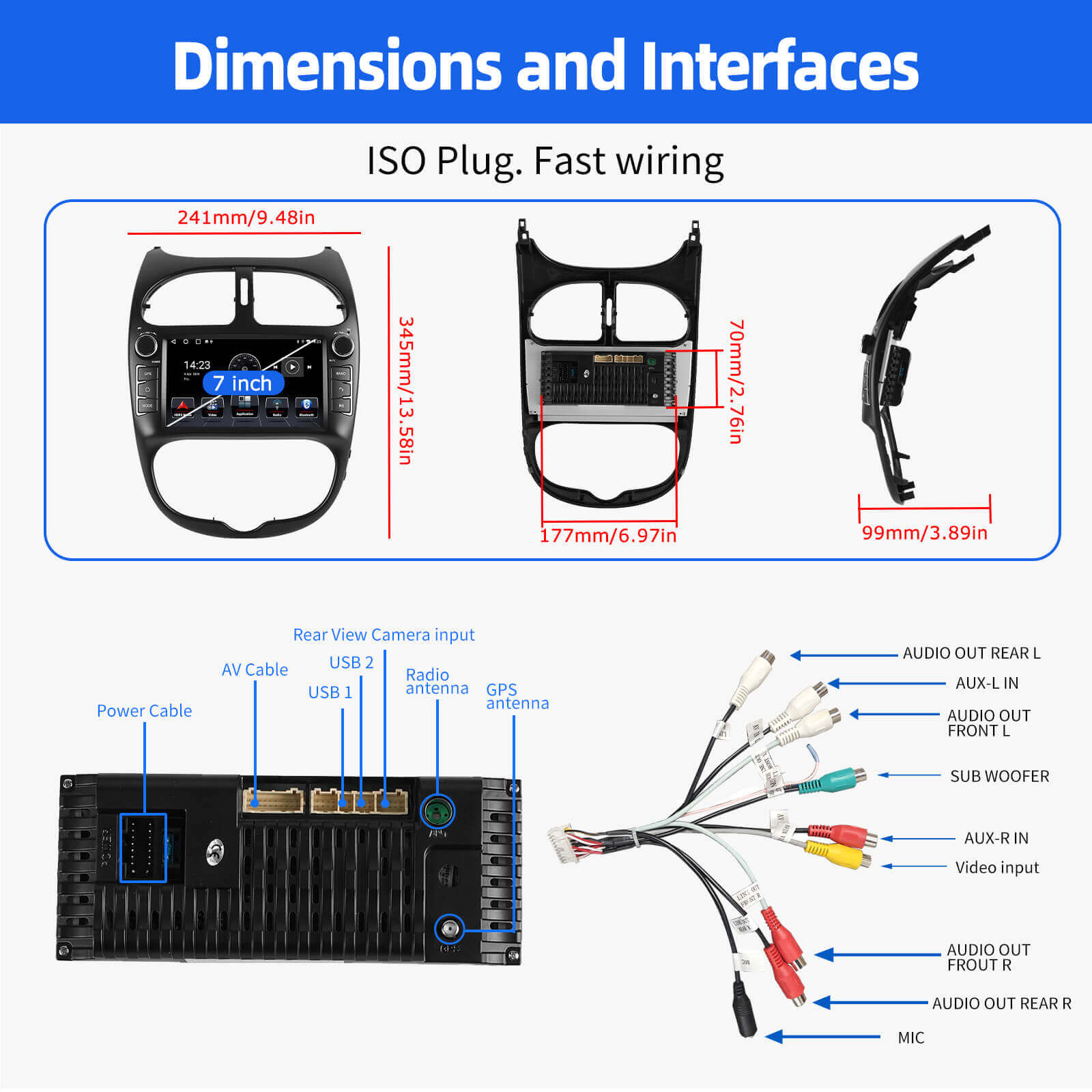 ESSGOO Car Stereo AR7001 7-Zoll Autoradio für Peugeot 206
