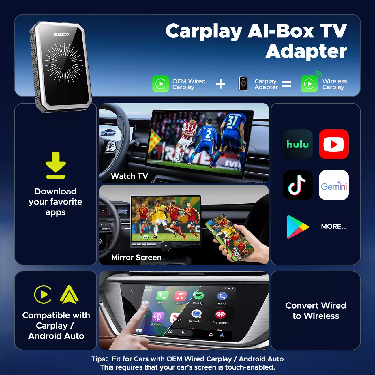 LAMTTO RC26 Wireless CarPlay AI Box mit Netflix Gemini HDMI