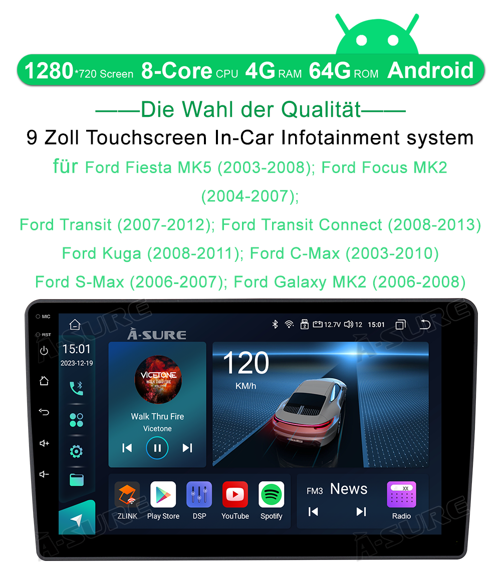 A-Sure Ford Autoradio 9 Zoll Android 13 4+64GB Wireless CarPlay