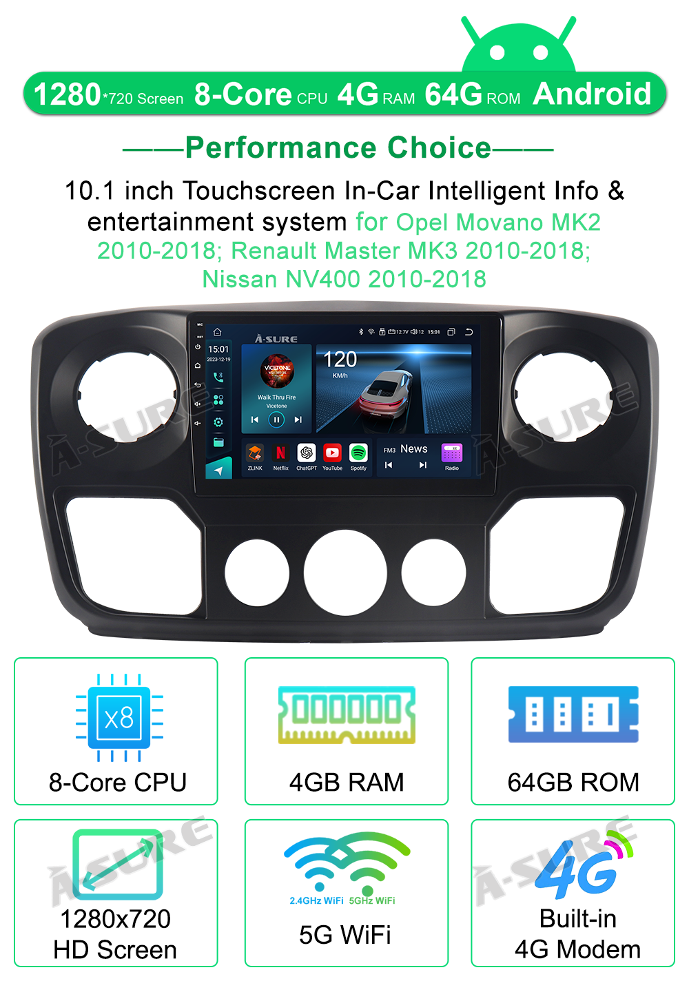 A-Sure GPS Autoradio 9 Zoll Movano Master NV400 Android 4+64GB
