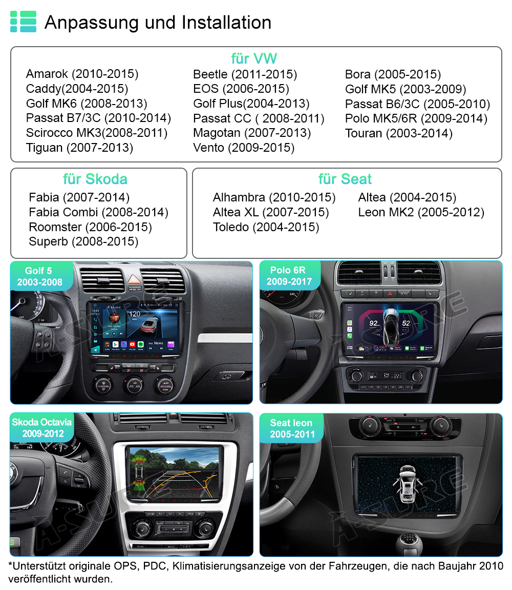 A-Sure GPS Autoradio für VW Golf 5 6 4+64GB Android 13