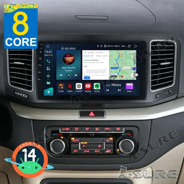 A-Sure GPS car radios 9 Zoll Android 14 Autoradio VW Sharan 4+64GB