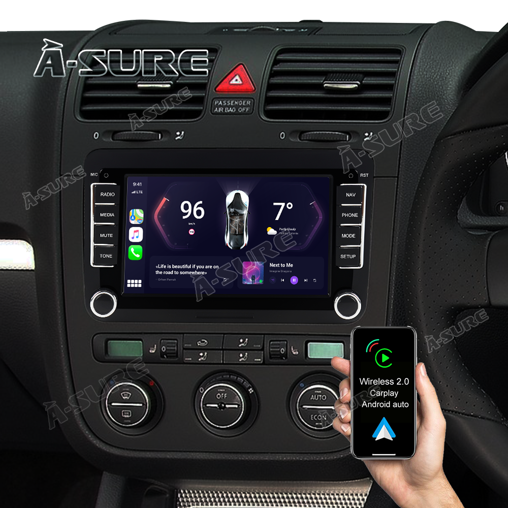 A-Sure GPS 7 Zoll Android 12 Autoradio VW Golf Touran CarPlay