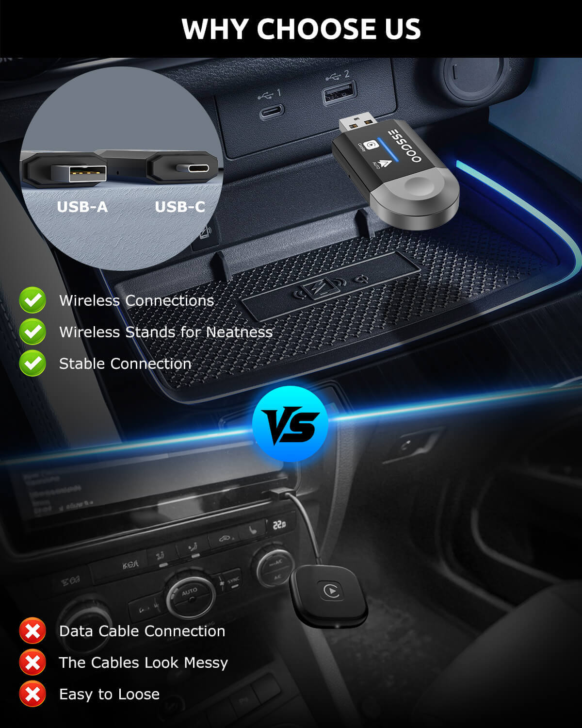 ESSGOO CarPlay Adapter PL6 Mini Box 2-in-1 Adapter kabellos