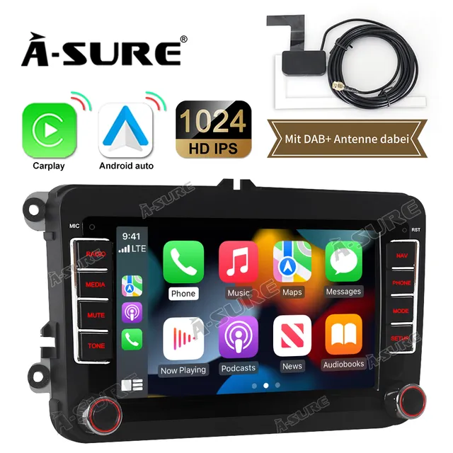 A-Sure Autoradio 7 Zoll 2+32GB VW Golf Passat DAB+ CarPlay