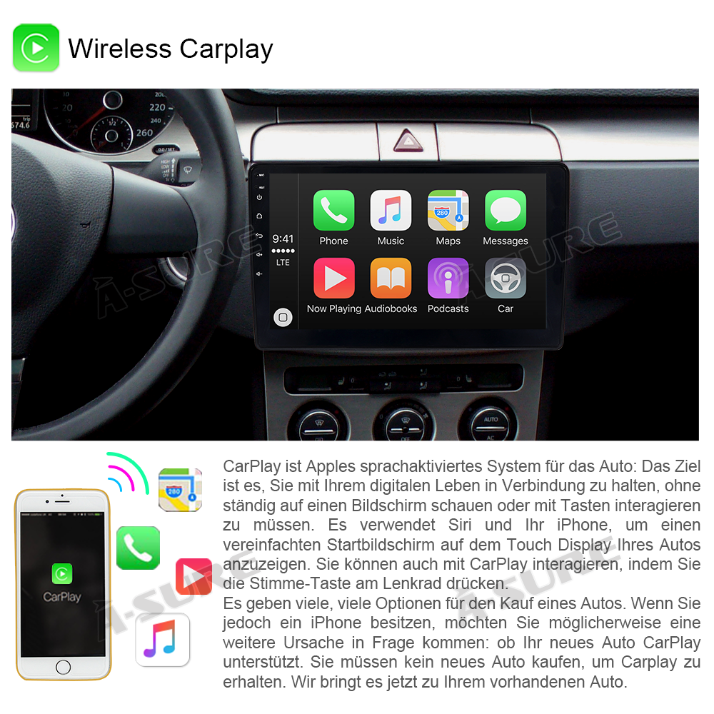 A-Sure Autoradio 10,1 Zoll VW Golf 6 Passat 2+32GB Carplay
