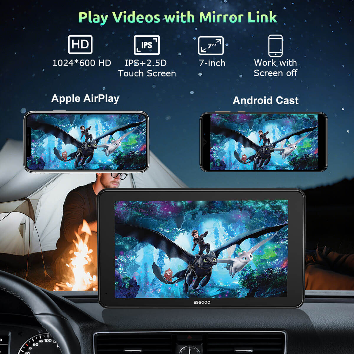 ESSGOO Portable CarPlay 743CP 7 Zoll CarPlay-Display Wireless