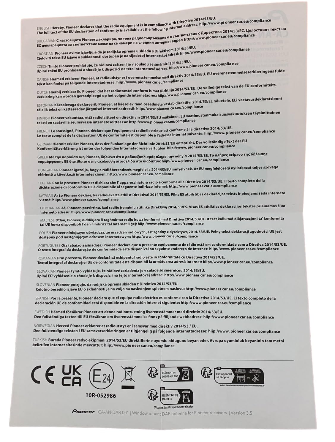 Pioneer CA-AN-DAB.001 DEH DAB+ Auto-Antenne Kfz Scheibenantenne