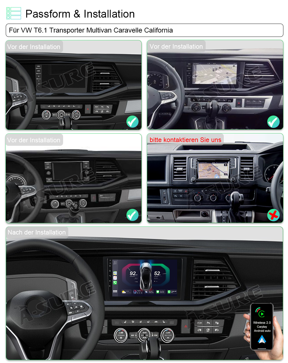 A-Sure GPS 9 Zoll 2+32GB Autoradio VW T6.1 Transporter CarPlay