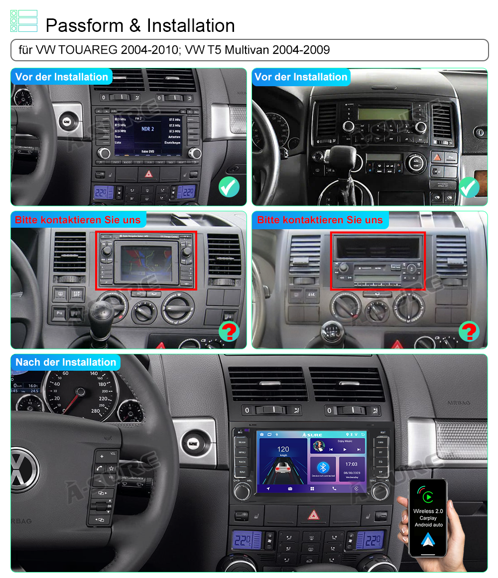 A-Sure VW T5 Touareg Autoradio 7 Zoll Android 12 Wireless CarPlay