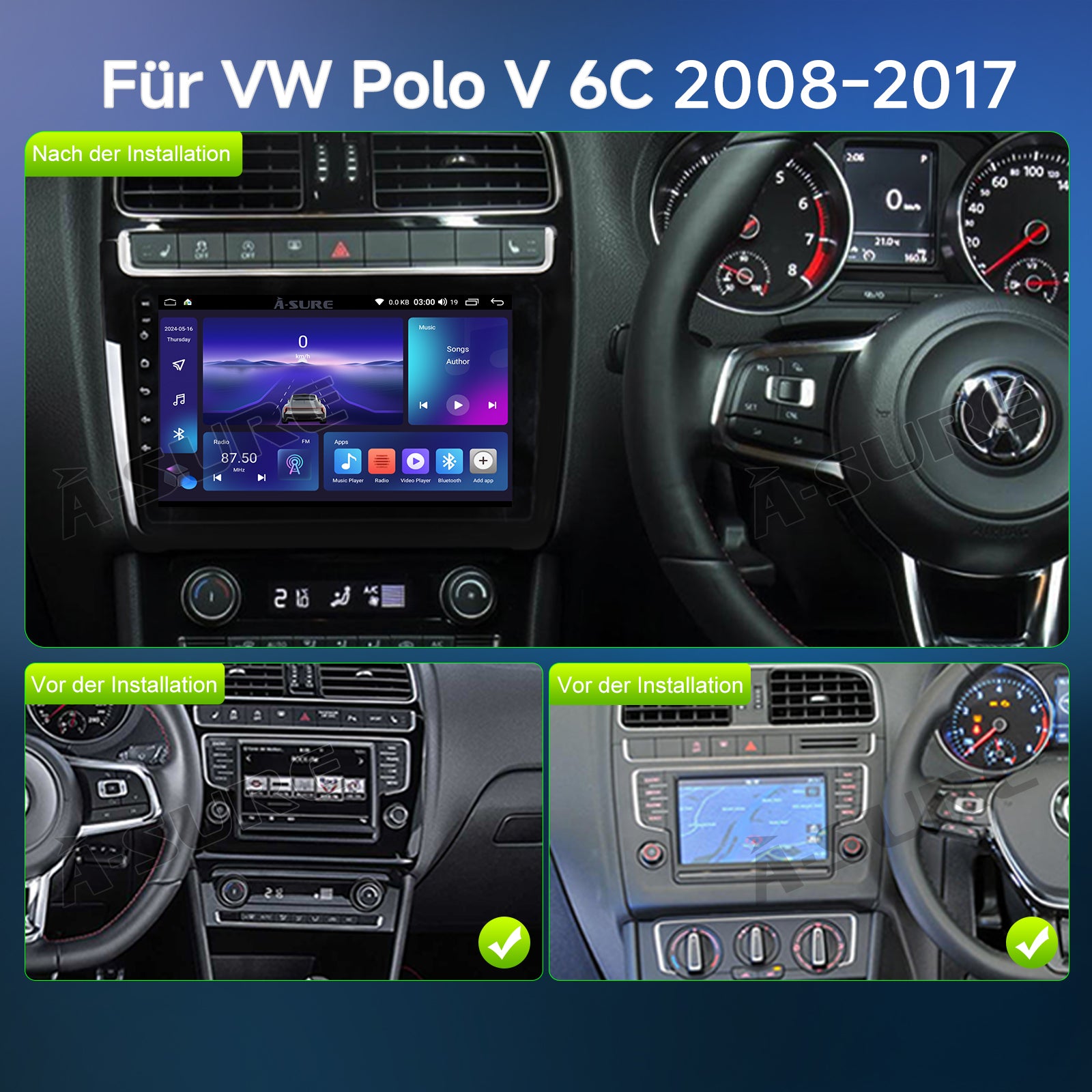A-Sure GPS Autoradio für VW Polo V 6C 9 Zoll 2+64GB CarPlay