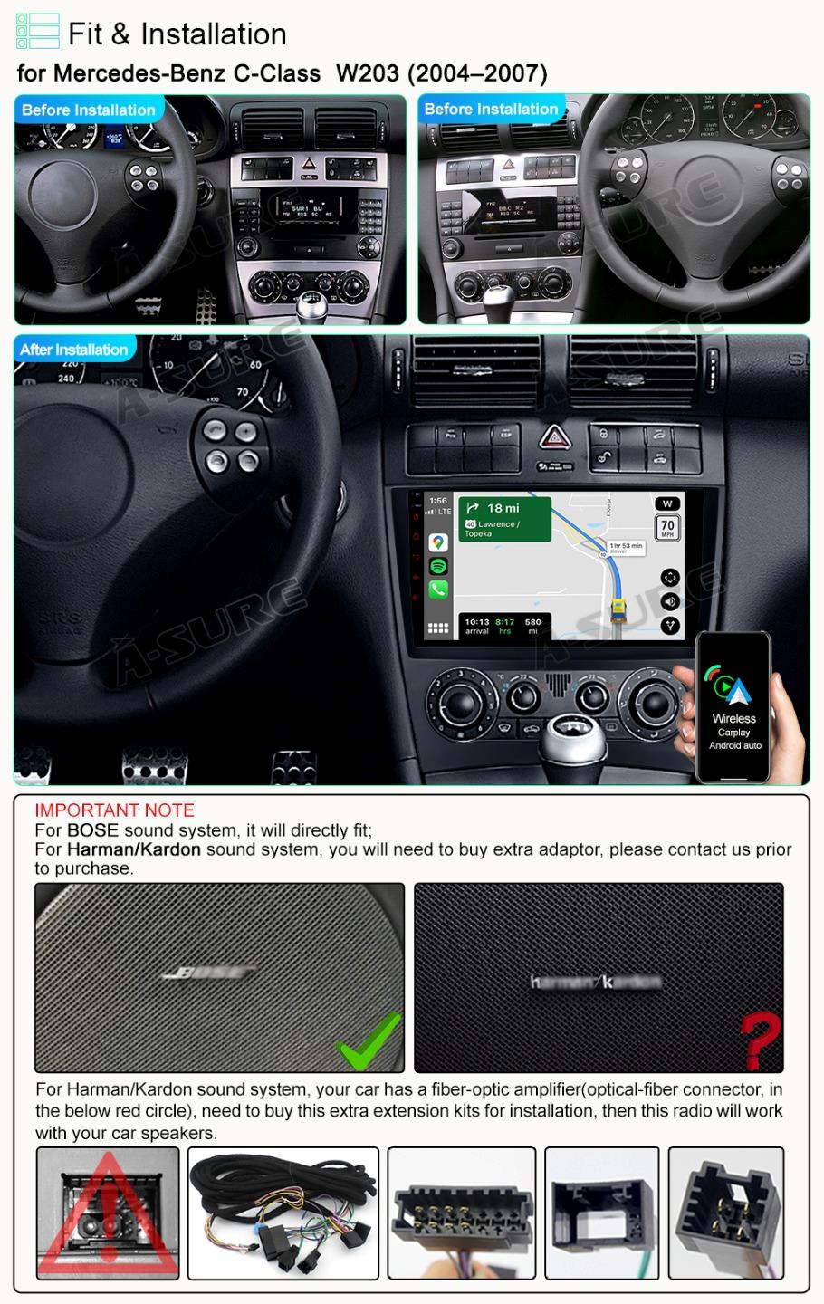 A-Sure GPS 9 Zoll Autoradio Mercedes W203 2+32GB CarPlay