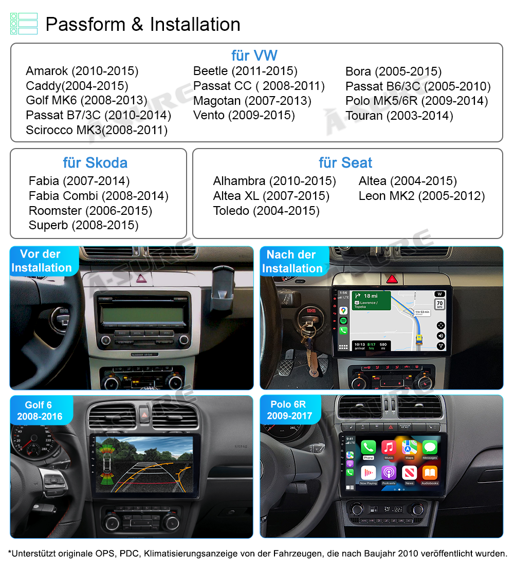 A-Sure Autoradio 10,1 Zoll VW Golf 6 Passat 2+32GB Carplay