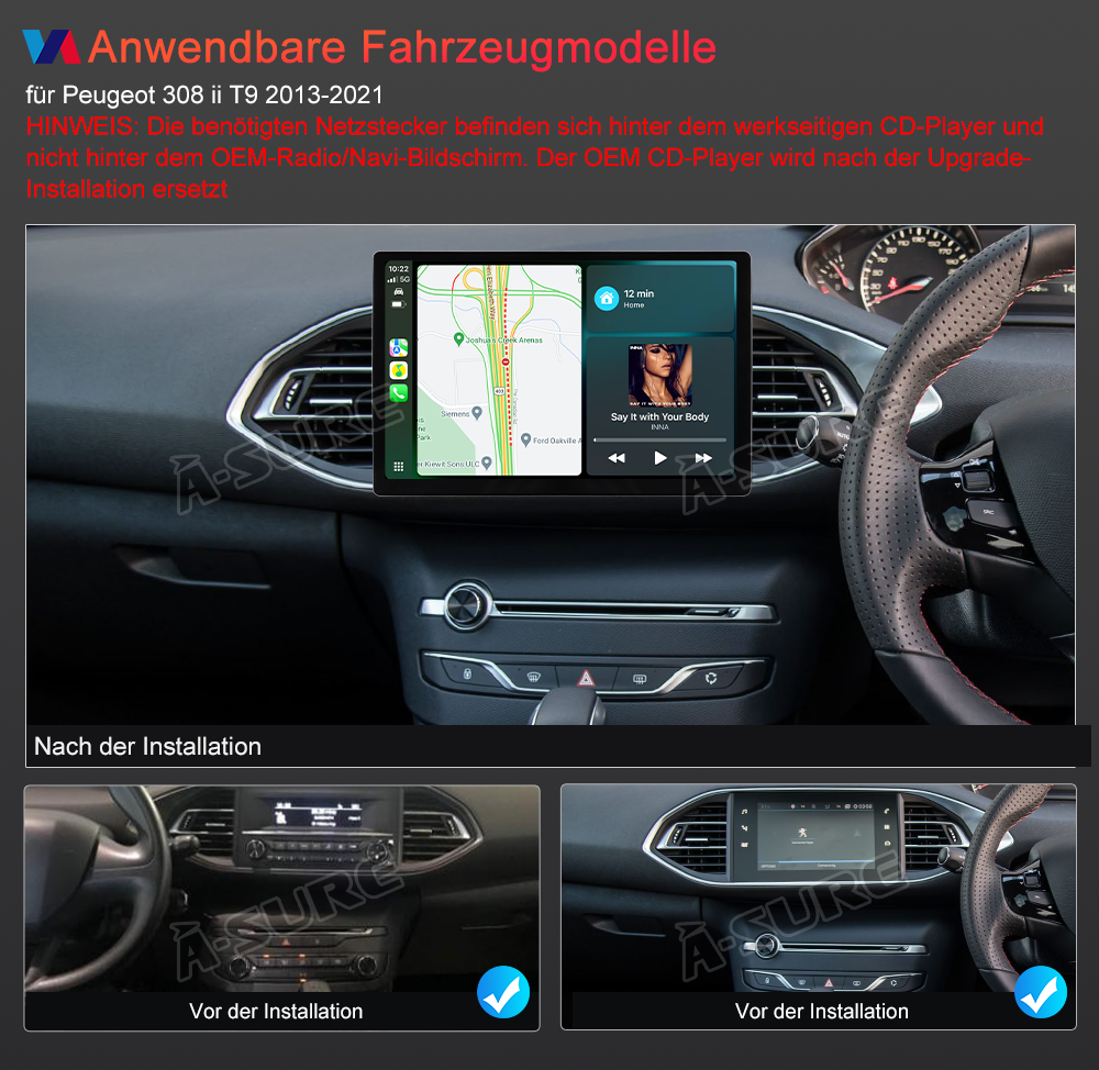 A-Sure GPS car radios Autoradio für Peugeot 308 II T9 13,1 Zoll 4+64GB