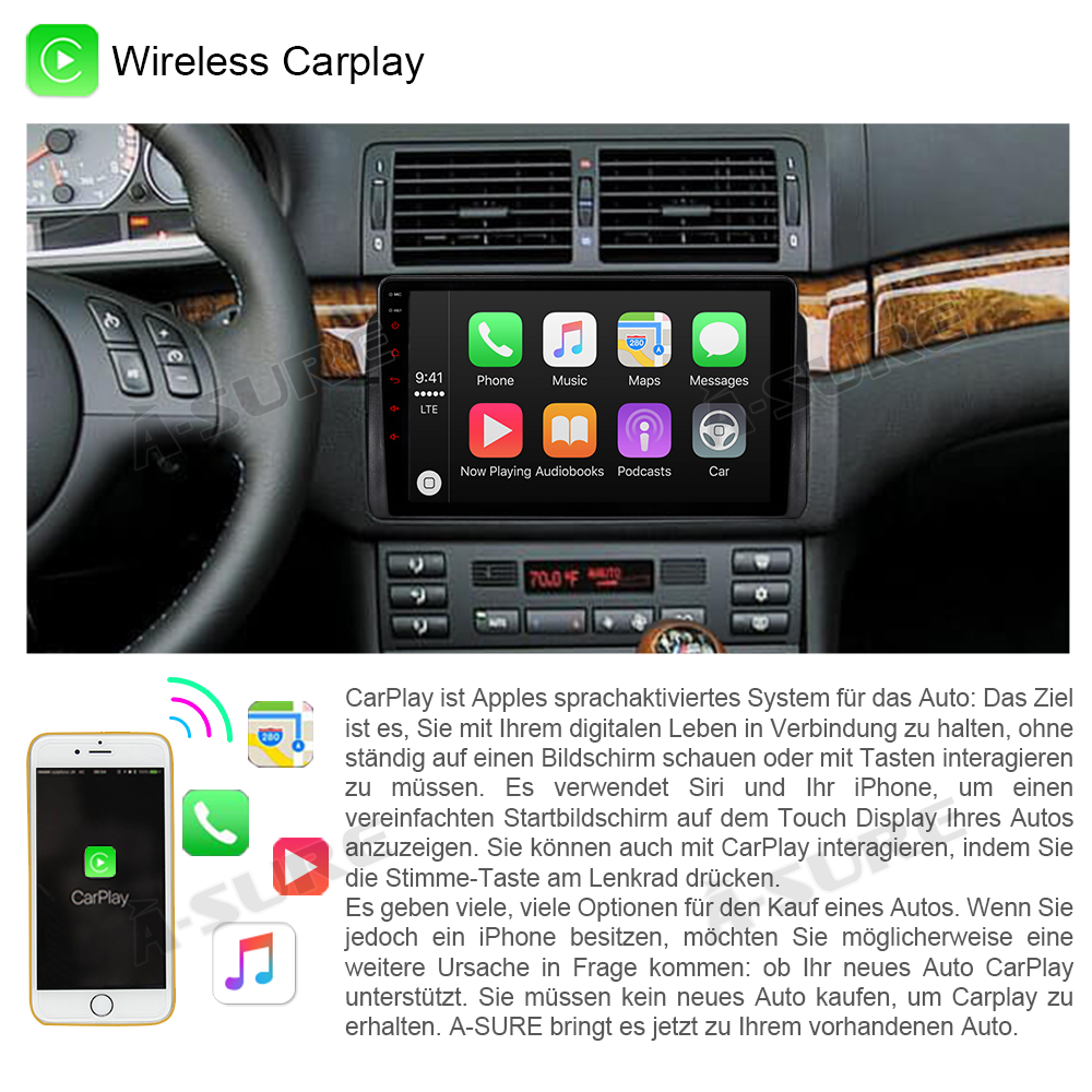 A-Sure GPS car radios BMW E46 3er Autoradio 9 Zoll 2+32GB CarPlay