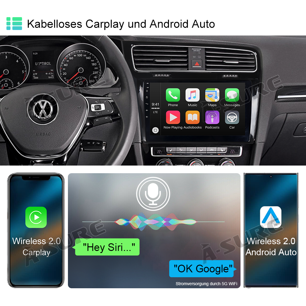 A-Sure Autoradio für VW Golf 7 4+64GB Android 13 CarPlay
