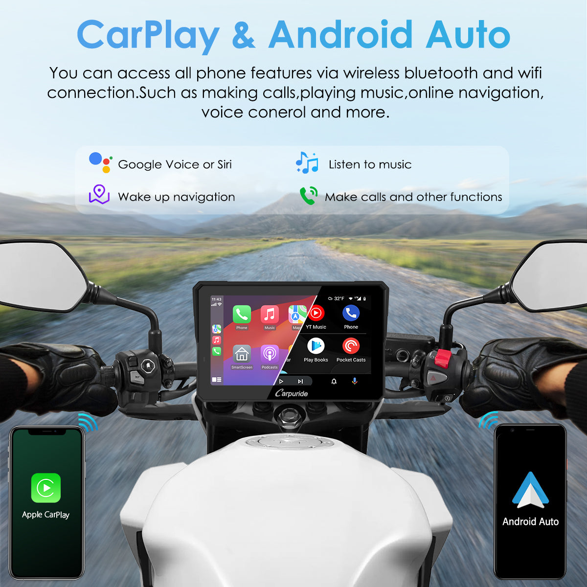 Carpuride Motorcycle Smart Stereo W502 Pro CarPlay-Display wasserdicht
