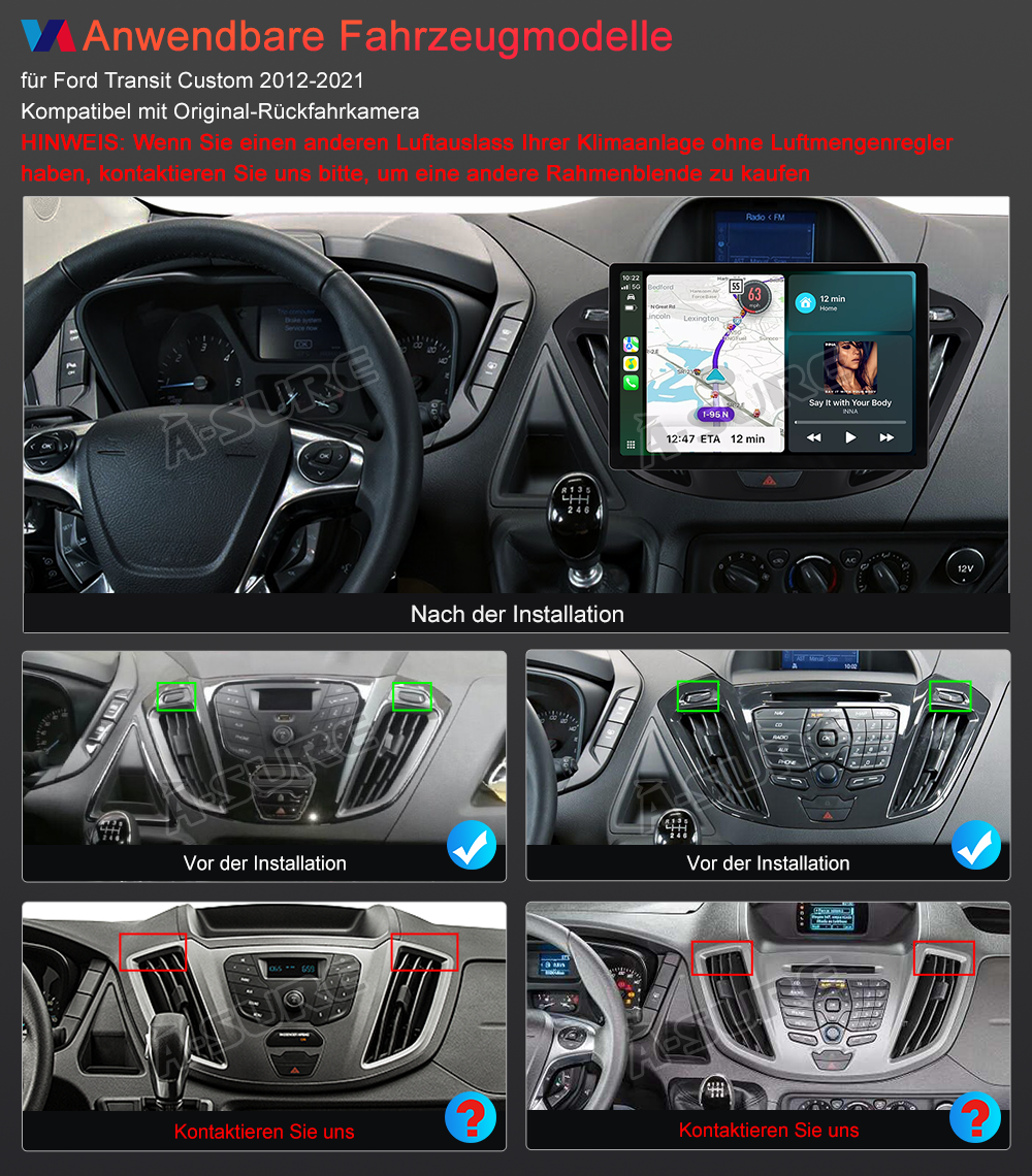 A-Sure GPS Autoradio Ford Transit Custom 13,1 Zoll 4+64GB CarPlay