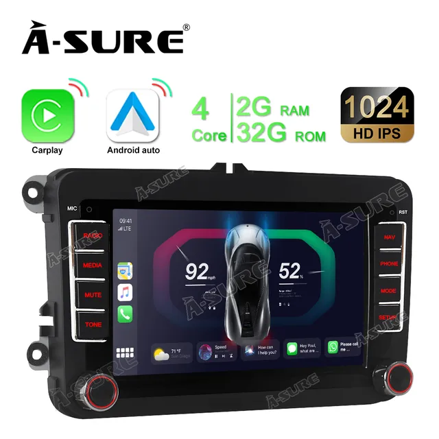 A-Sure GPS 2 DIN Autoradio Android 13 7 Zoll für VW Golf 5 6