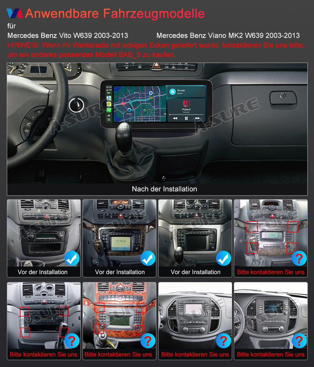 A-Sure GPS 12,3 Zoll 4+64GB Autoradio Vito W639 Android 14 CarPlay