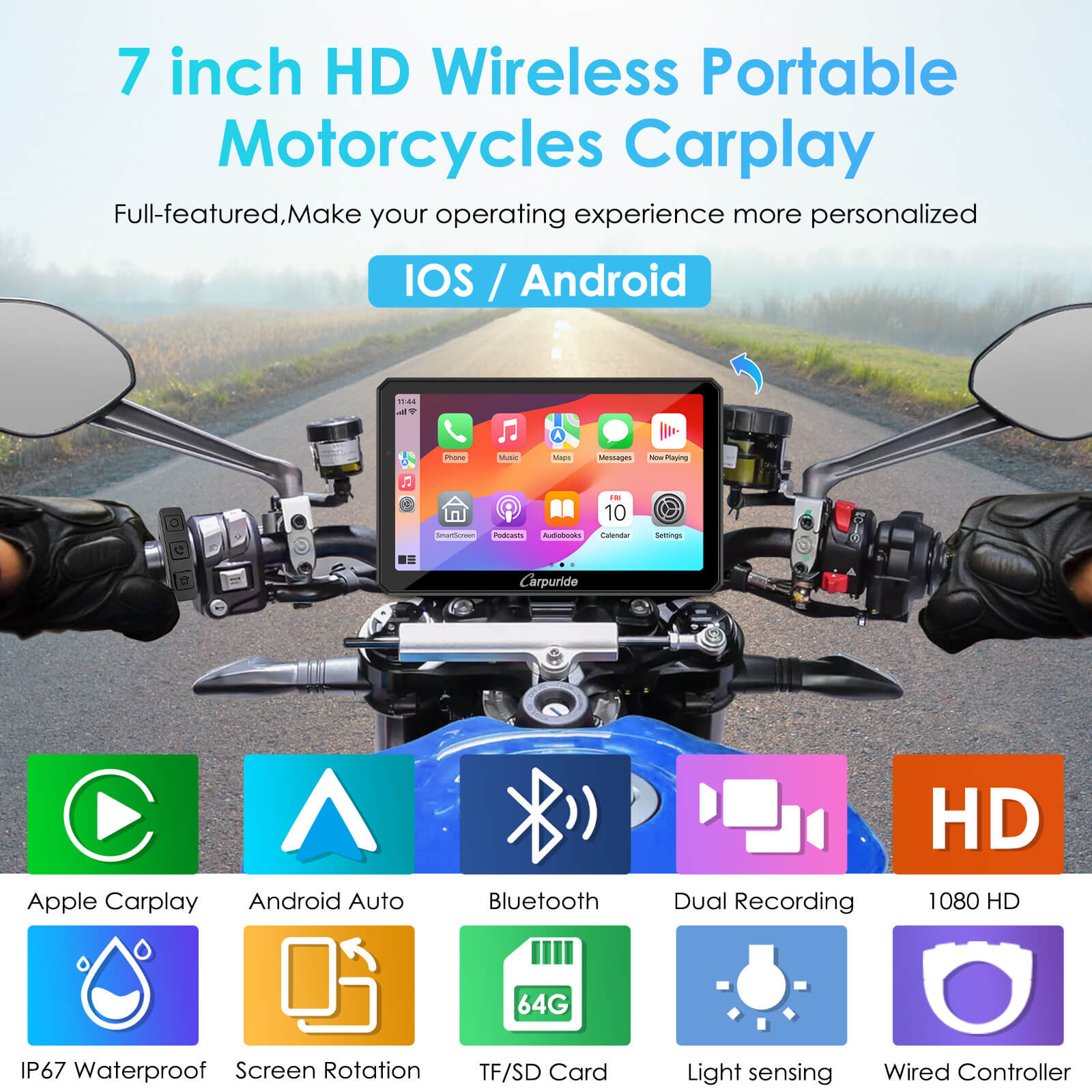 Carpuride W712D Motorrad CarPlay-Display 7 Zoll Dashcam