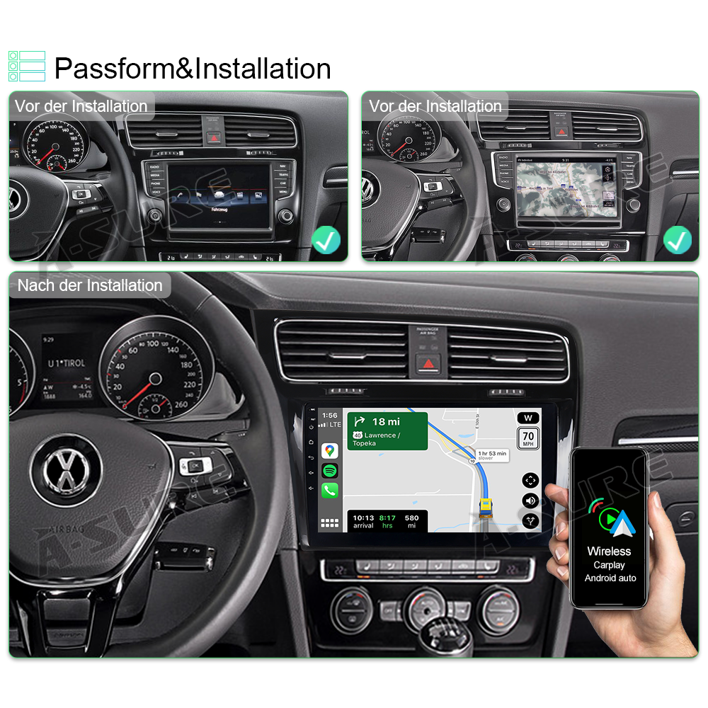 A-Sure GPS Autoradio VW Golf 7 10,1 Zoll 3+32GB Schwarz