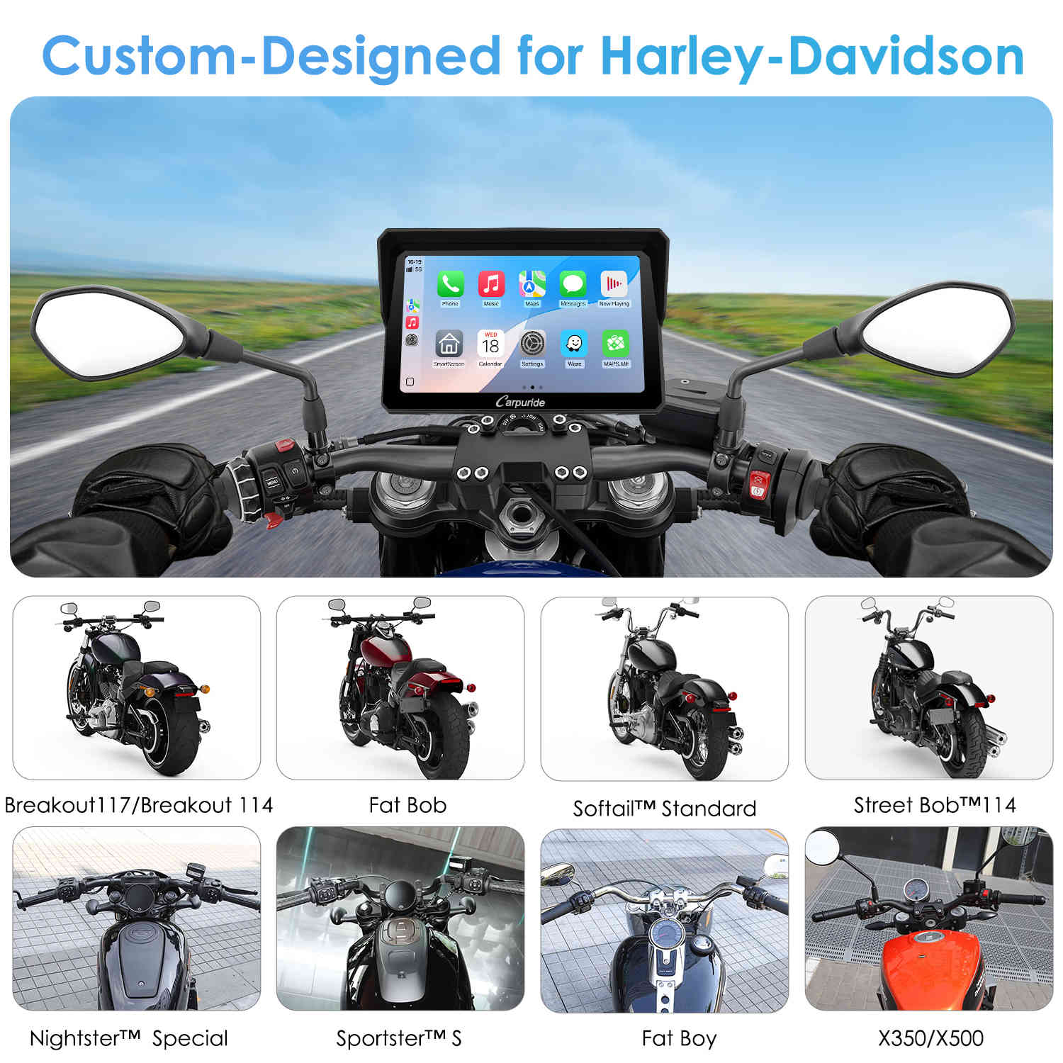 Carpuride W702H Harley CarPlay-Display 7 Zoll + Halterung