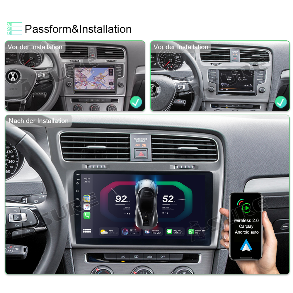 A-Sure GPS Autoradio VW Golf 7 10,1 Zoll Android 13 Schwarz