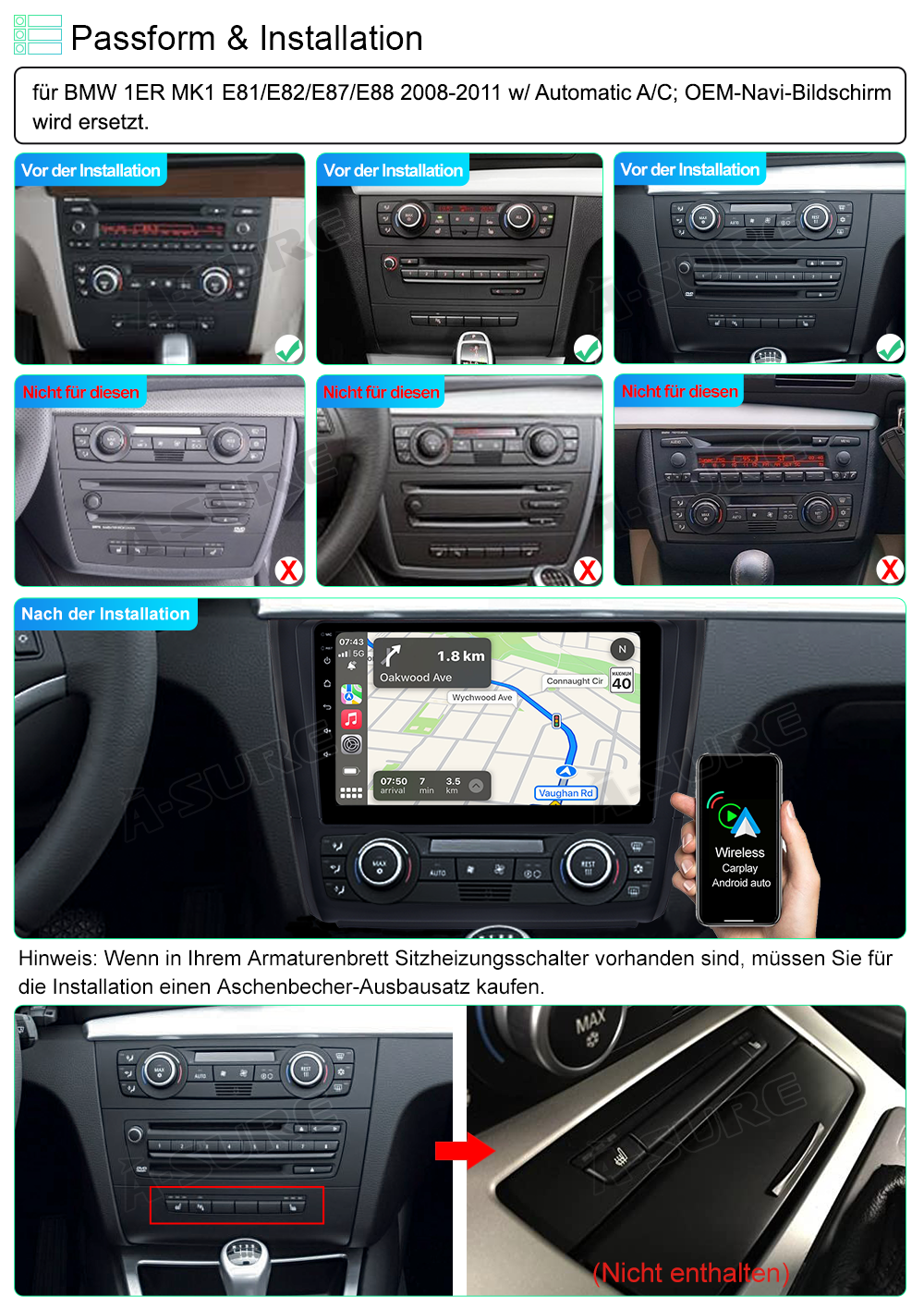 A-Sure GPS Autoradio BMW 1er E81 9-Zoll 32GB CarPlay