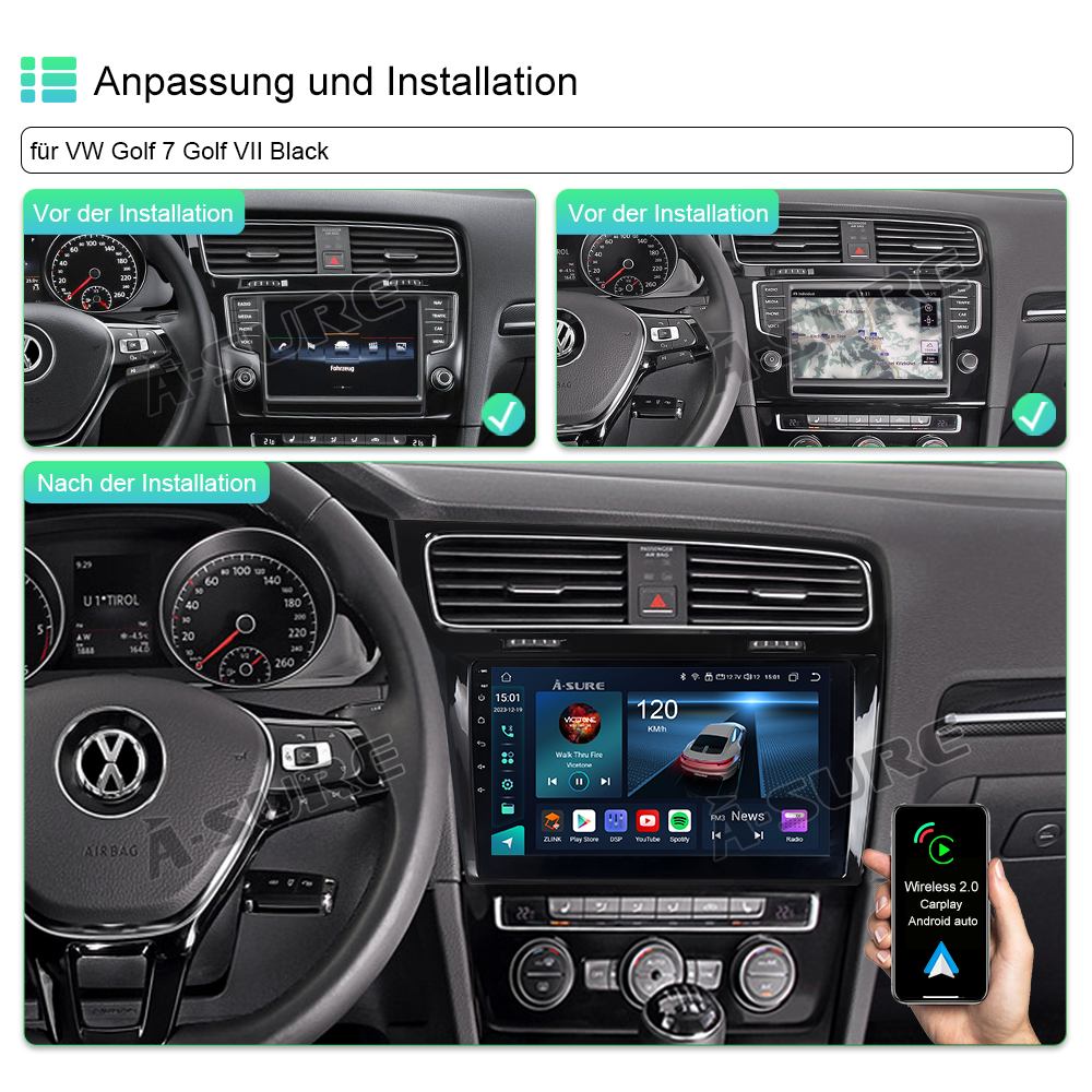 A-Sure Autoradio für VW Golf 7 4+64GB Android 13 CarPlay