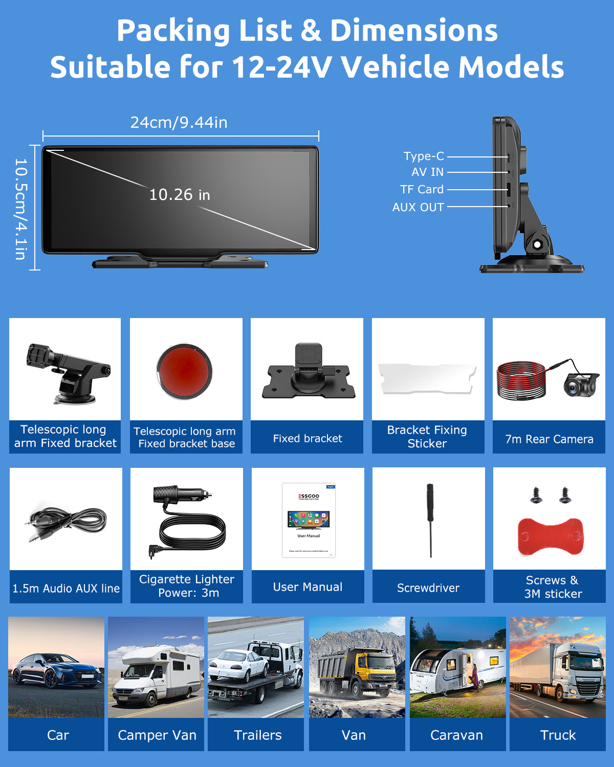 ESSGOO Dash Cam CarPlay H26 CarPlay-Display 10,26 Zoll 4K Dashcam