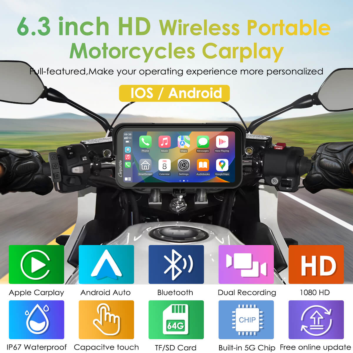Carpuride W603D Motorrad CarPlay-Display 6,3Zoll Dual-Dashcam