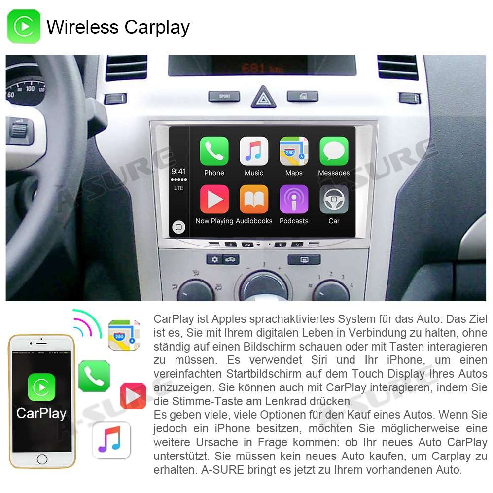 A-Sure GPS Opel Astra H Autoradio 8 Zoll 2+32GB CarPlay