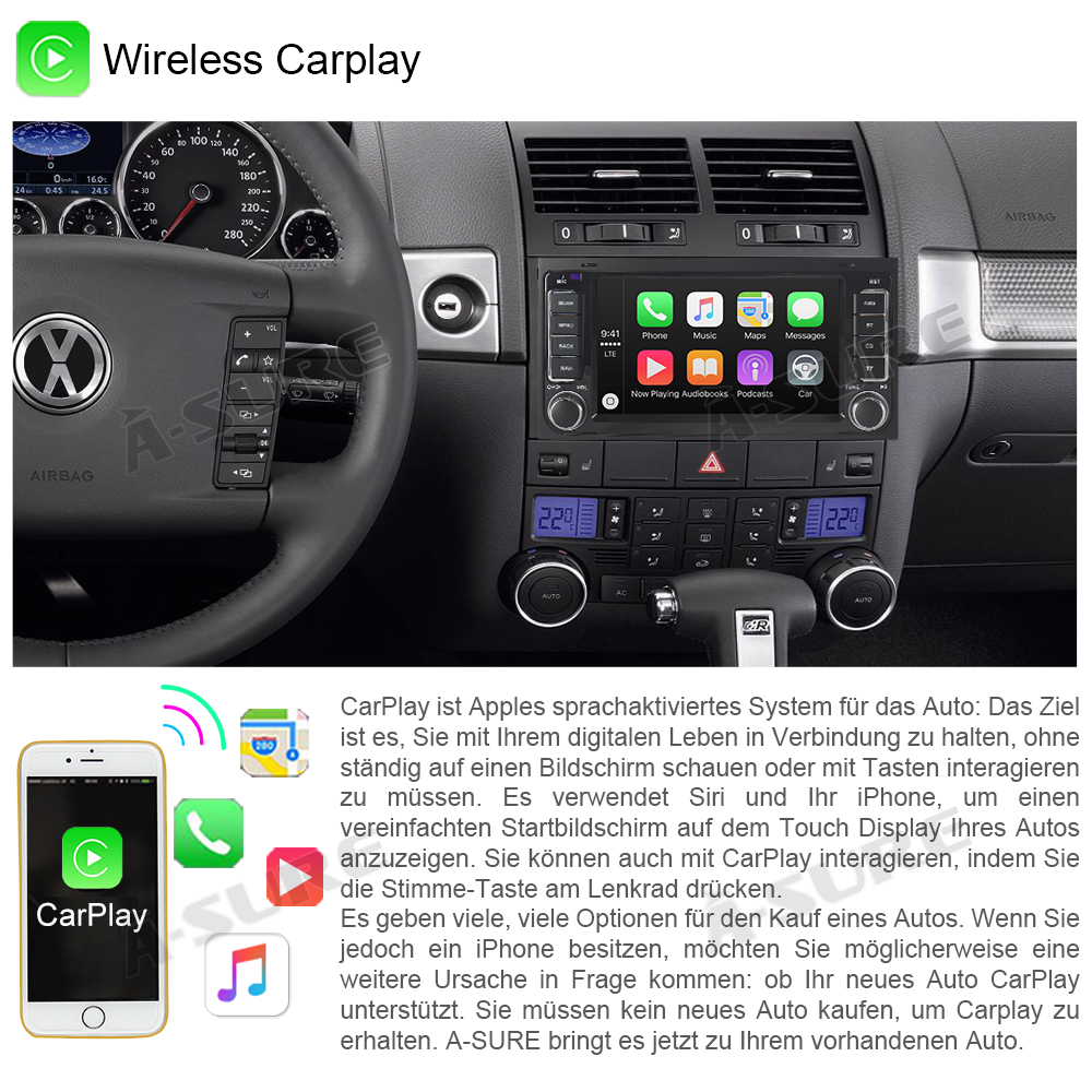 A-Sure VW T5 Touareg Autoradio 7 Zoll Android 12 Wireless CarPlay