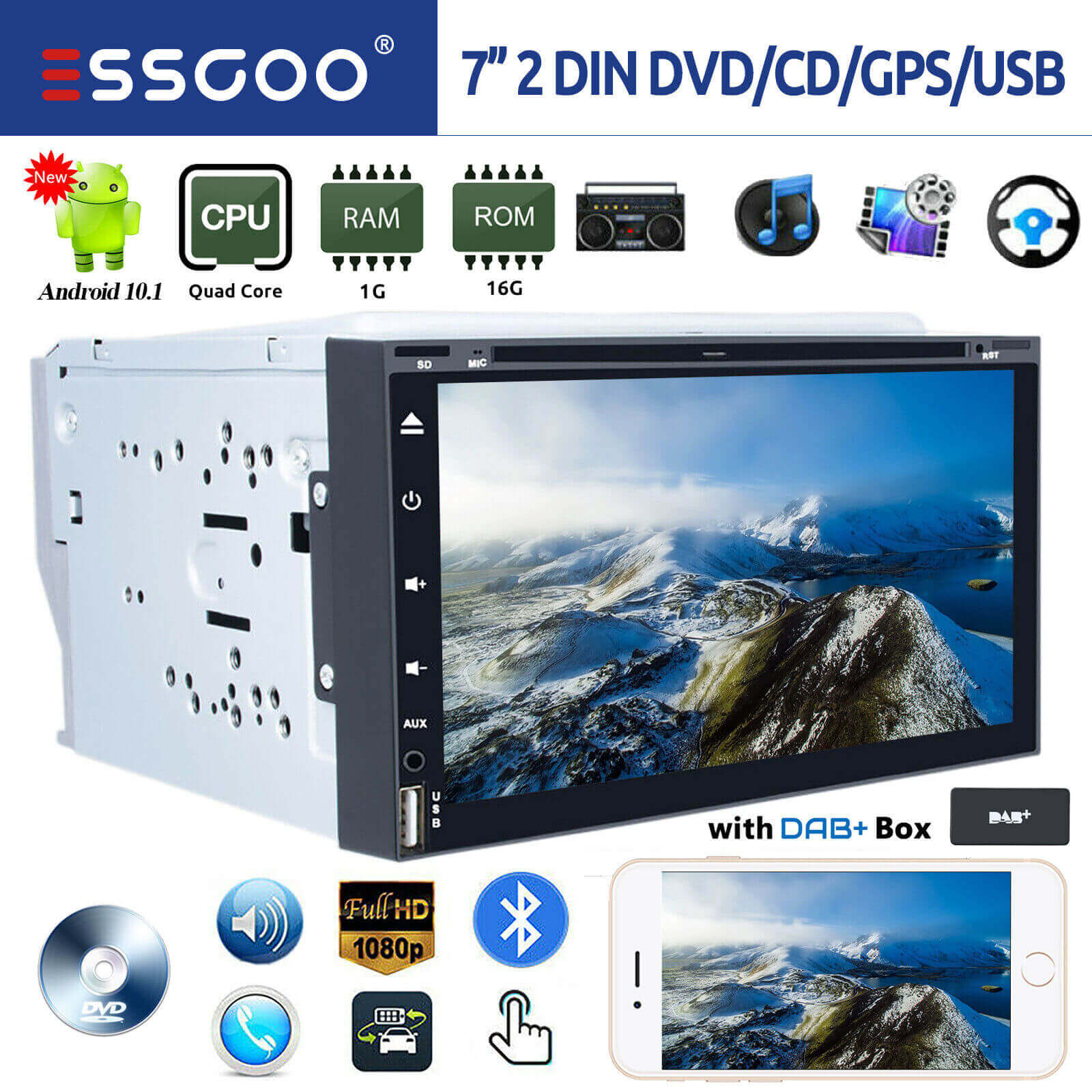 ESSGOO Car Stereo Android 10 Doppel-DIN Autoradio DAB+ DVD